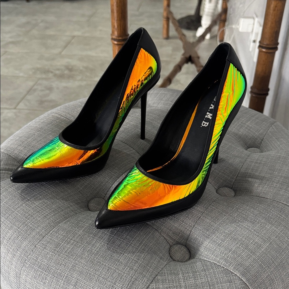 L.A.M.B pointed heel hologram and leather stilettos y2k gwen stefani